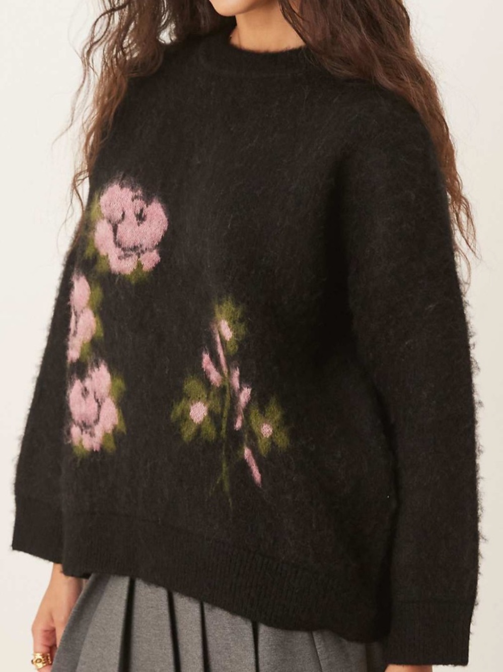 NWT ASOS Floral Print Brushed Knit Sweater in Black